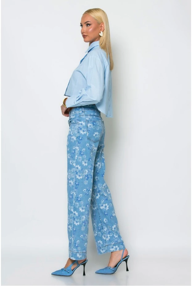 Jean straight leg floral μπλε