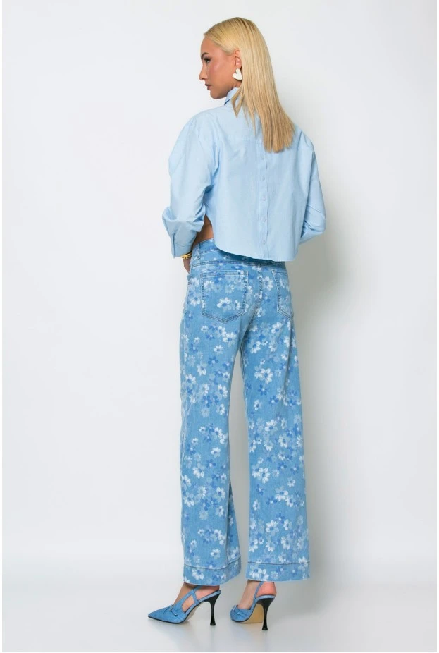 Jean straight leg floral μπλε