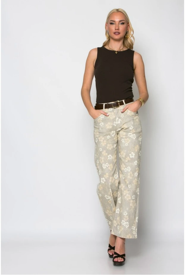 Jean straight leg floral μπεζ
