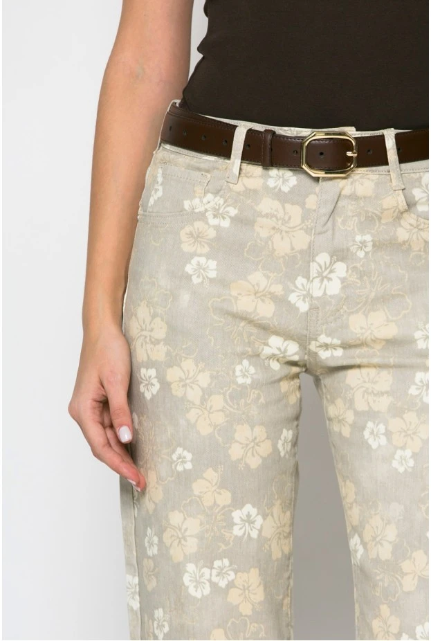Jean straight leg floral μπεζ
