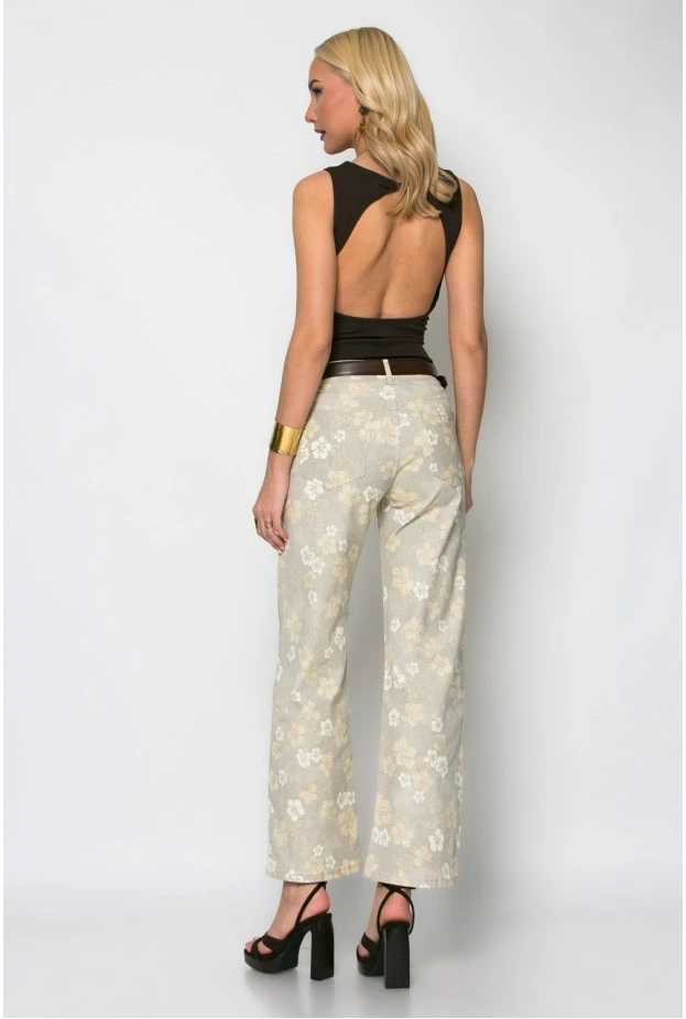 Jean straight leg floral μπεζ