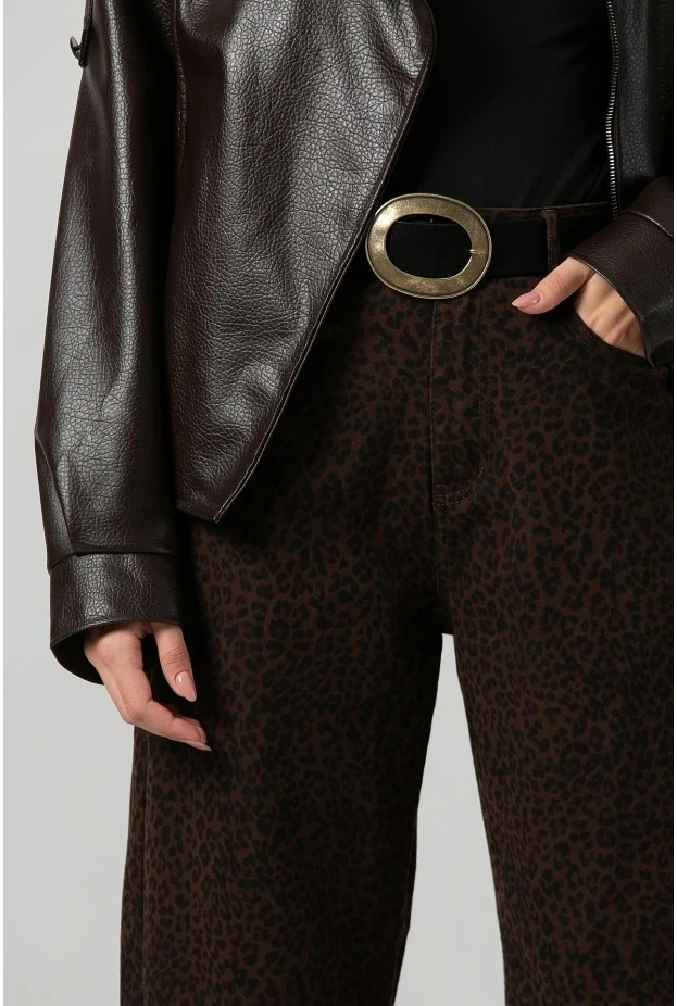 Jean baggy loose fit leopard print καφέ