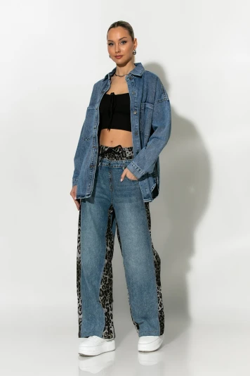 Wide leg παντελόνι με λεοπάρ λεπτομέρειες γκρι