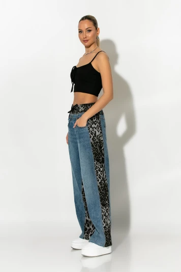 Wide leg παντελόνι με λεοπάρ λεπτομέρειες γκρι