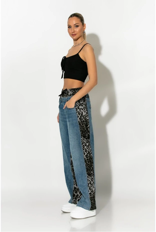 Wide leg παντελόνι με λεοπάρ λεπτομέρειες γκρι