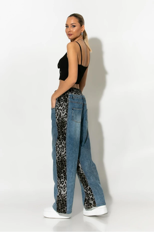 Wide leg παντελόνι με λεοπάρ λεπτομέρειες γκρι Wide leg παντελόνι με λεοπάρ λεπτομέρειες γκρι