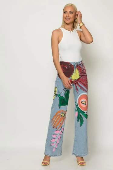 Jean straight leg με handpainted σχέδια μπλε