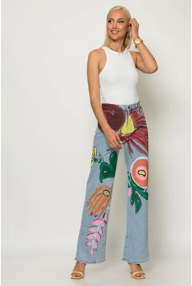 Jean straight leg με handpainted σχέδια μπλε