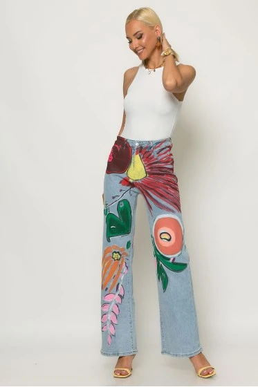 Jean straight leg με handpainted σχέδια μπλε