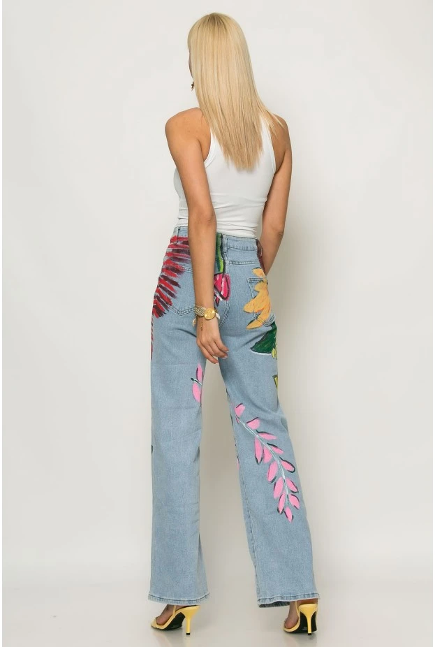 Jean straight leg με handpainted σχέδια μπλε