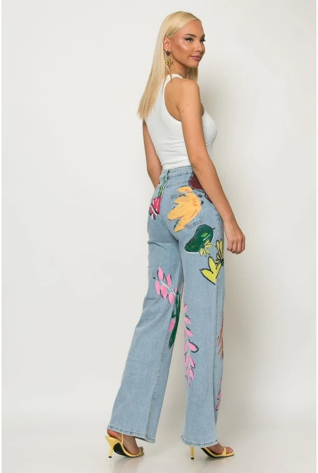 Jean straight leg με handpainted σχέδια μπλε