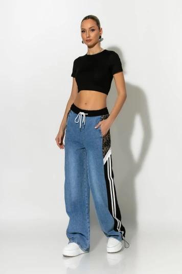 Wide leg jean παντελόνι με λεοπάρ και fly λεπτομέρειες μαύρο