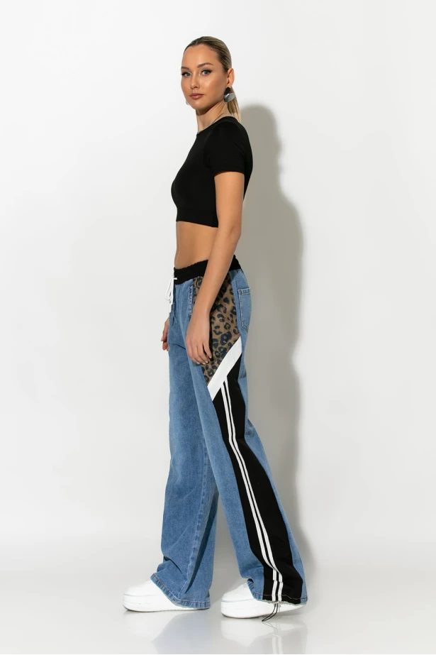 Wide leg jean παντελόνι με λεοπάρ και fly λεπτομέρειες μαύρο Wide leg jean παντελόνι με λεοπάρ και fly λεπτομέρειες μαύρο