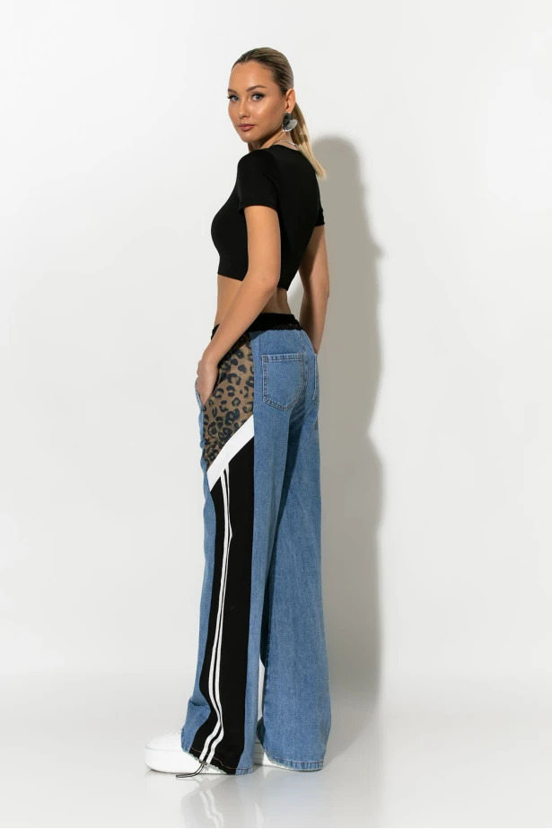 Wide leg jean παντελόνι με λεοπάρ και fly λεπτομέρειες μαύρο Wide leg jean παντελόνι με λεοπάρ και fly λεπτομέρειες μαύρο