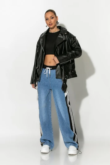Wide leg jean παντελόνι με λεοπάρ και fly λεπτομέρειες μαύρο