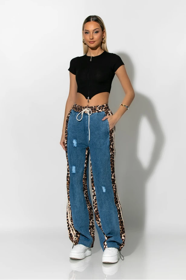 Wide leg jean με leopard λεπτομέρειες μπλε σκούρο Wide leg jean με leopard λεπτομέρειες μπλε σκούρο