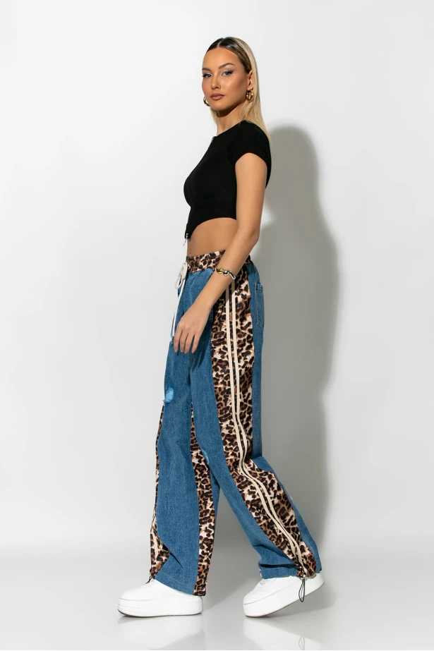 Wide leg jean με leopard λεπτομέρειες μπλε σκούρο Wide leg jean με leopard λεπτομέρειες μπλε σκούρο