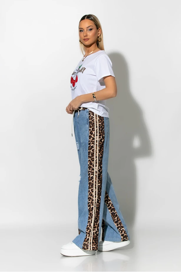 Wide leg  jean με leopard λεπτομέρειες μπλε ανοιχτό