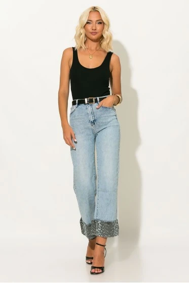 Jean straight leg με λεοπάρ ρεβέρ μπλε