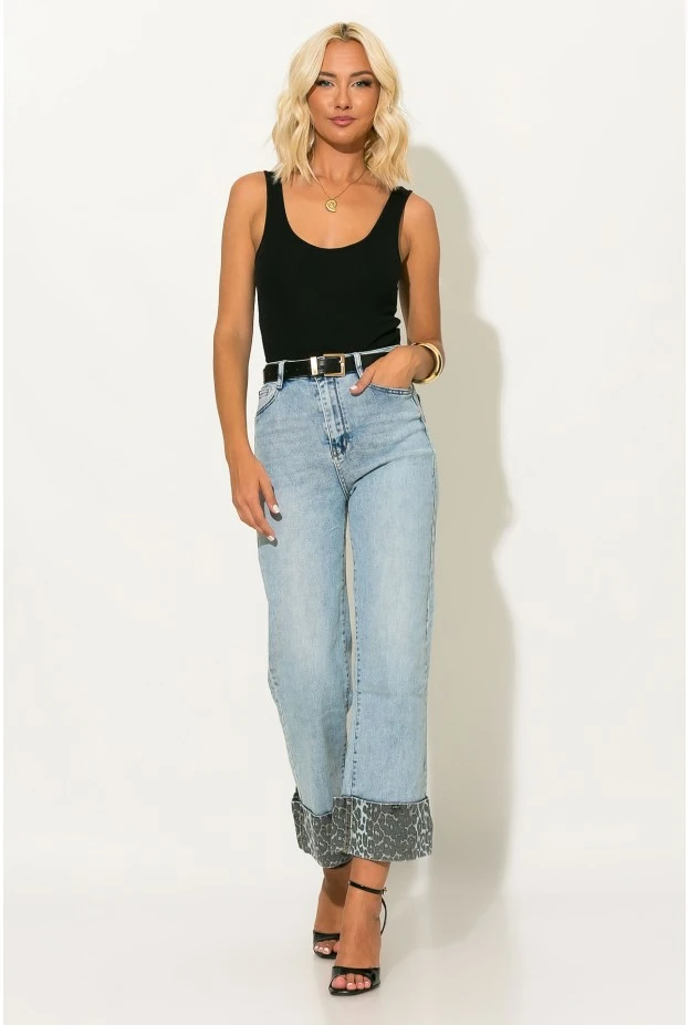 Jean straight leg με λεοπάρ ρεβέρ μπλε
