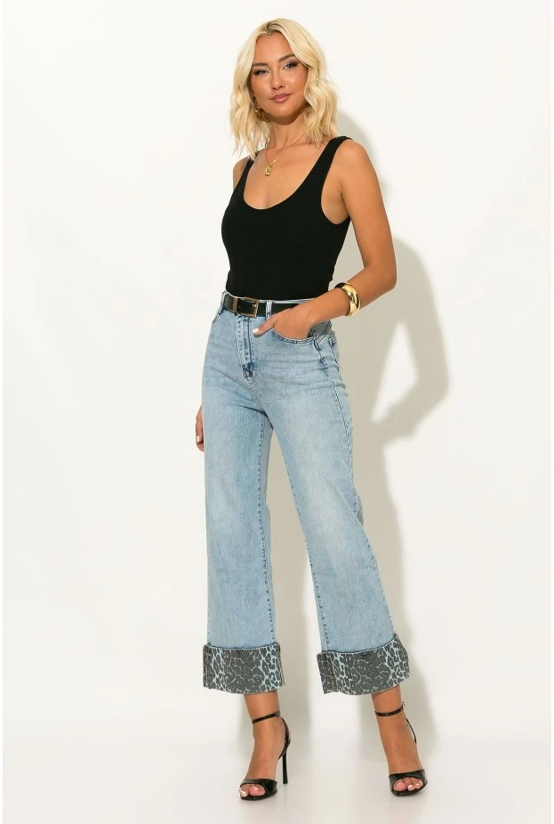 Jean straight leg με λεοπάρ ρεβέρ μπλε