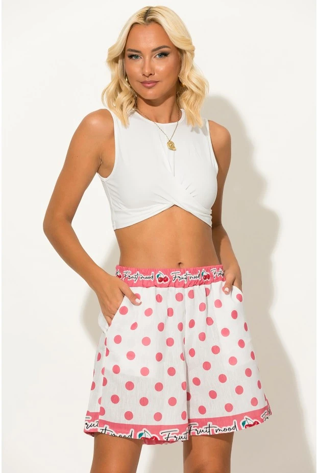 Σόρτς πουά με print cherry λευκό