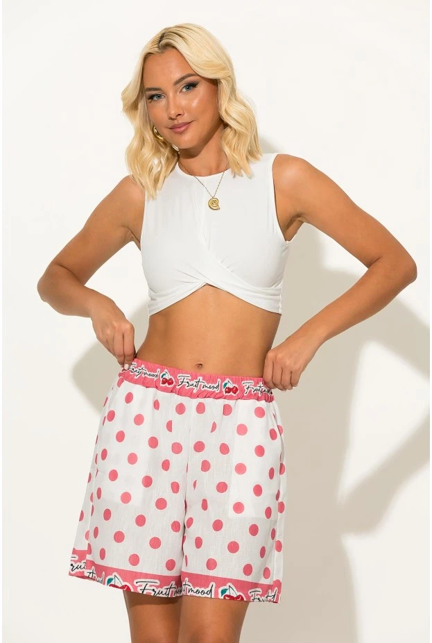 Σόρτς πουά με print cherry λευκό