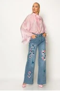 Jean straight leg με flower print μπλε