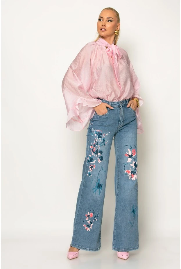 Jean straight leg με flower print μπλε