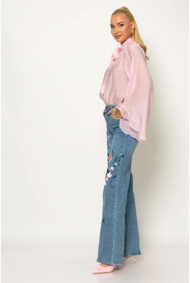 Jean straight leg με flower print μπλε