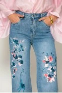 Jean straight leg με flower print μπλε