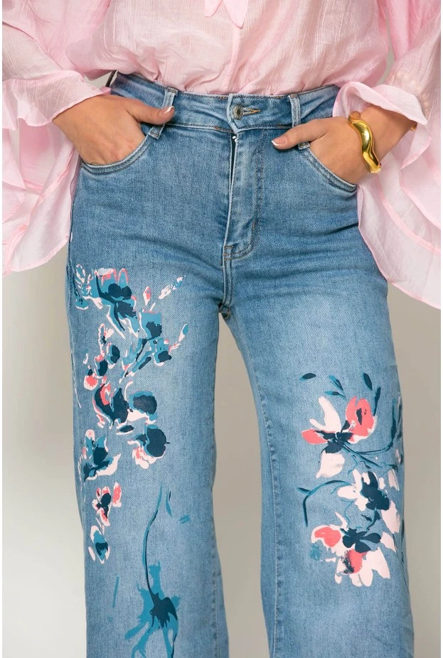 Jean straight leg με flower print μπλε