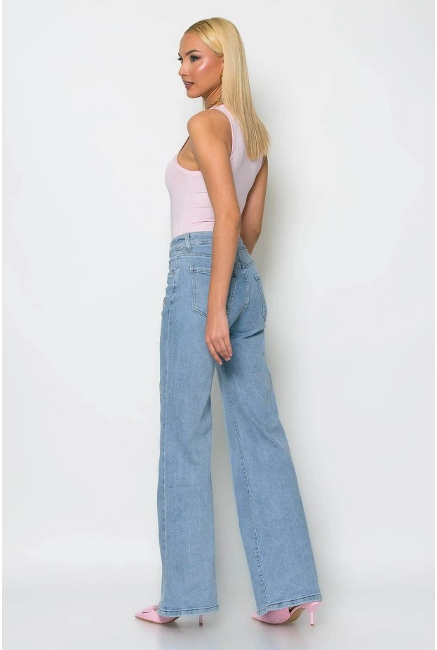 Jean wide leg με κεντητά flower σχεδια μπλε ανοιχτό