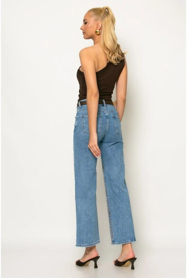 Jean straight leg με κεντητά λουλούδια μπλε