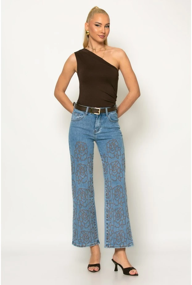Jean straight leg με κεντητά λουλούδια μπλε