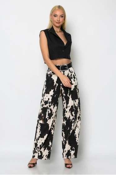 Jean cargo barrel cow print εκρού