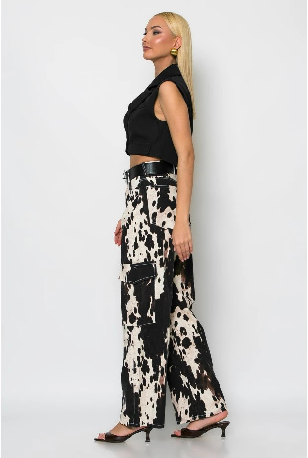 Jean cargo barrel cow print μπεζ