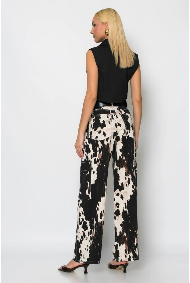 Jean cargo barrel cow print μπεζ