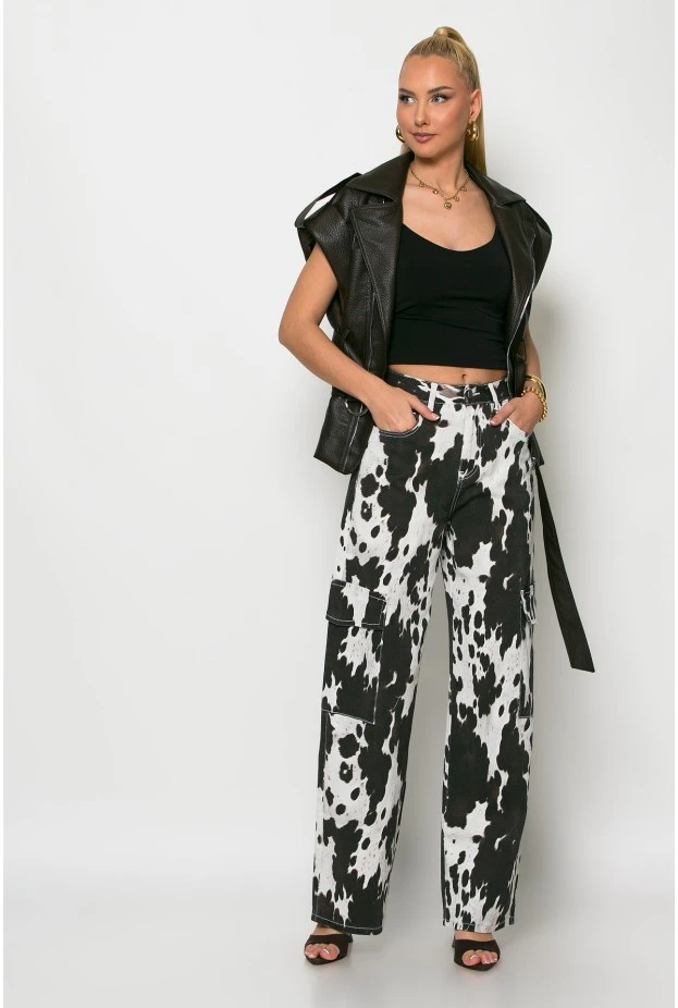 Jean cargo barrel cow print εκρού