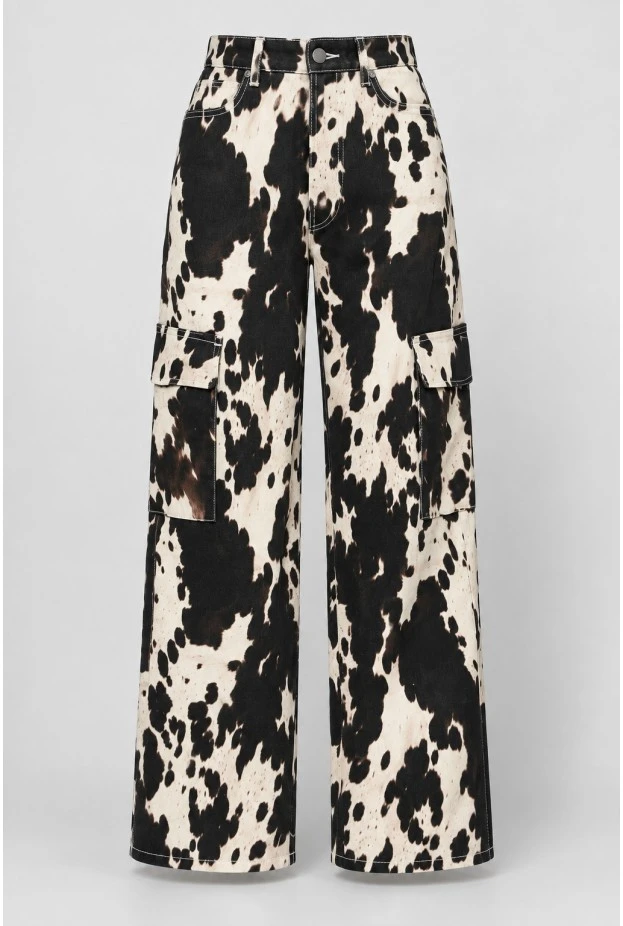 Jean cargo barrel cow print μπεζ