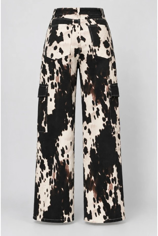Jean cargo barrel cow print μπεζ