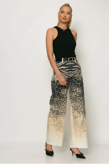 Jean loose fit animal print μπεζ