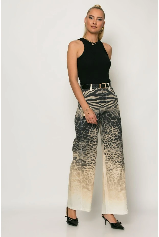 Jean loose fit animal print μπεζ