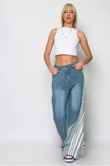 Jean loose fit με υφασμάτινη λεπτομέρεια στο πλάι γκρι
