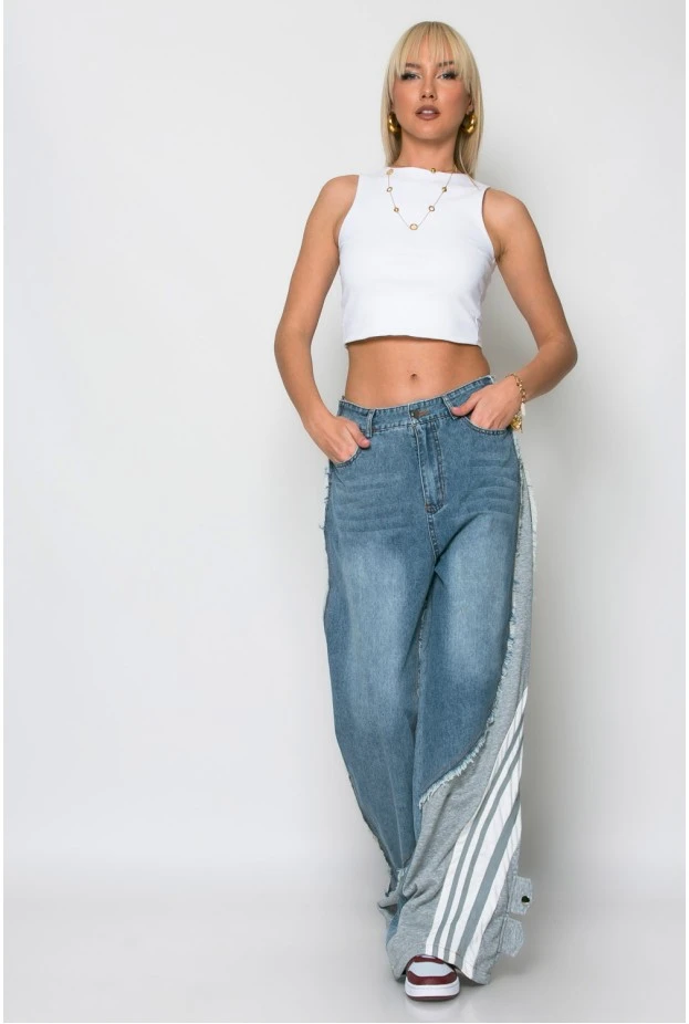Jean loose fit με υφασμάτινη λεπτομέρεια στο πλάι γκρι