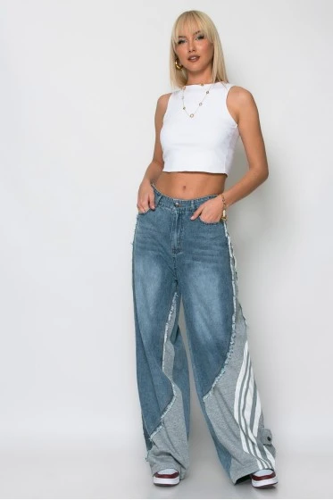 Jean loose fit με υφασμάτινη λεπτομέρεια στο πλάι γκρι