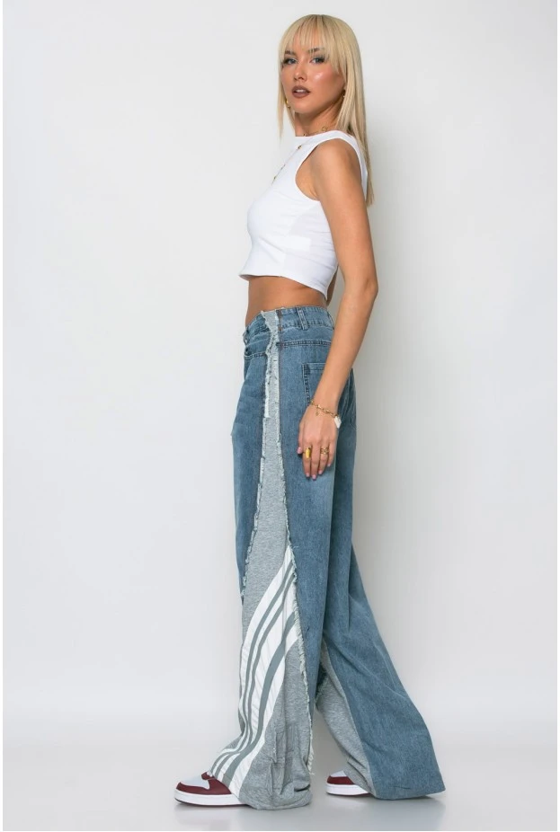 Jean loose fit με υφασμάτινη λεπτομέρεια στο πλάι γκρι