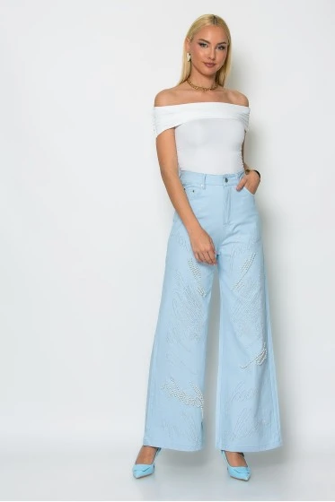 Jean wide leg με πέρλες και στρας ροζ