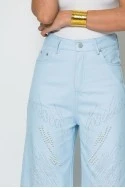 Jean wide leg με πέρλες και στρας σιέλ