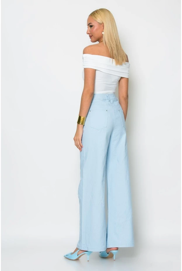 Jean wide leg με πέρλες και στρας σιέλ